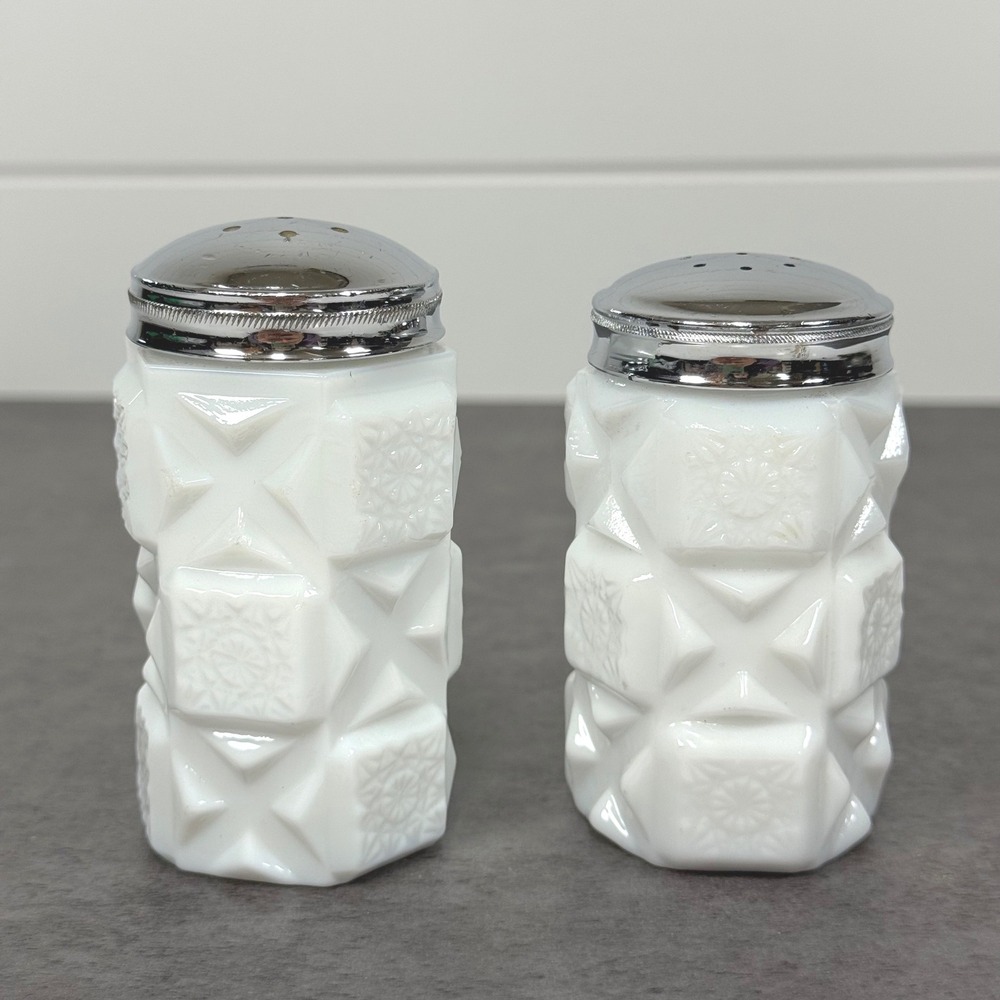 Vtg Milk Glass Salt and Pepper Shakers Geometric White Old Quilt Block and Star